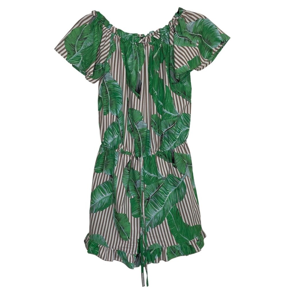 Tropical‎ Palm Leaf Print Off Shoulder Romper Striped Green White Brown Ruffle S